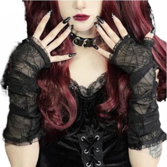 Long Black Opera Lace Gloves - Fingerless Evening Gloves for Women Spider Web - Picture 1 of 6